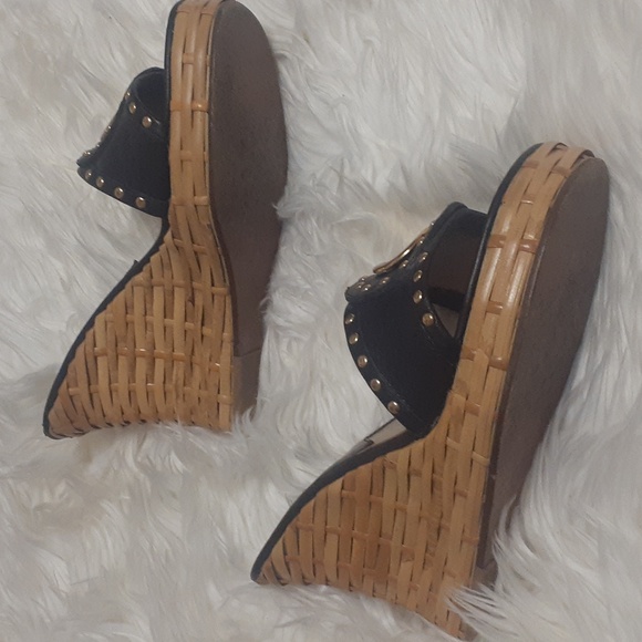 Michael Michael Kors Leather Black Bamboo Wedge Heels Size 8 - Picture 3 of 8